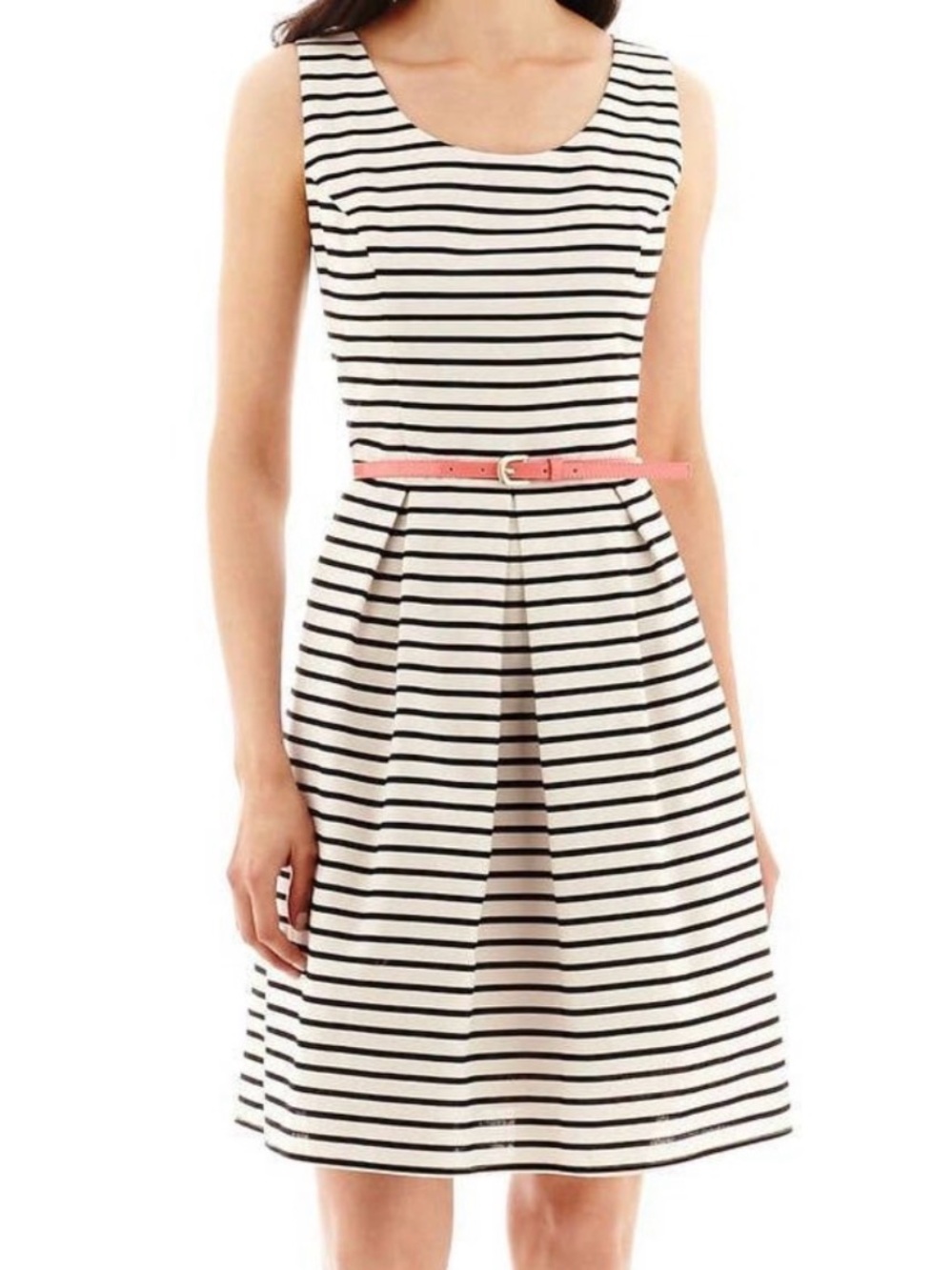 Tiana B. Black and White Striped Sleeveless Midi Dress A-Line Box Pleated Skirt